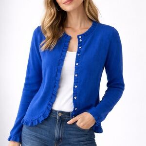 Pure Collection 100% Cashmere Ruffle Trim Cardigan Blue Size US 12